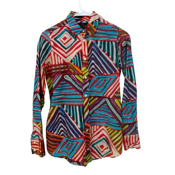 J. Crew Tops - J.Crew  Women's Size 0 Boy Shirt in Geo Brush Stroke Rainbow Button Front Blouse